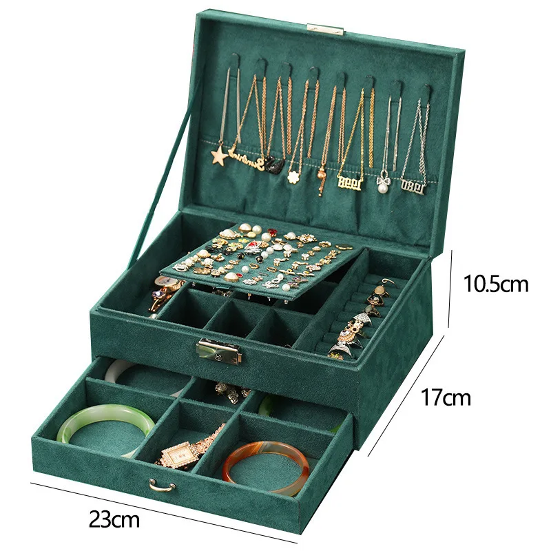 Velvet Jewelry Box Rings Earrings Necklace Organizer Tray Two-Layer Drawer Jewelry Box Organizer Display Storage case with Lock