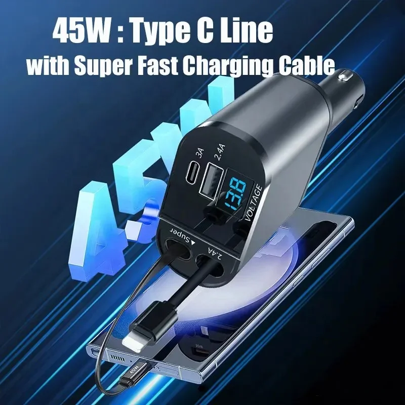 120W 4 In 1 Fast Charging Car Charger Retractable USB-C Cable Mulitport Car Phone Charger PD 60W Car Charger Cigarette Lighter