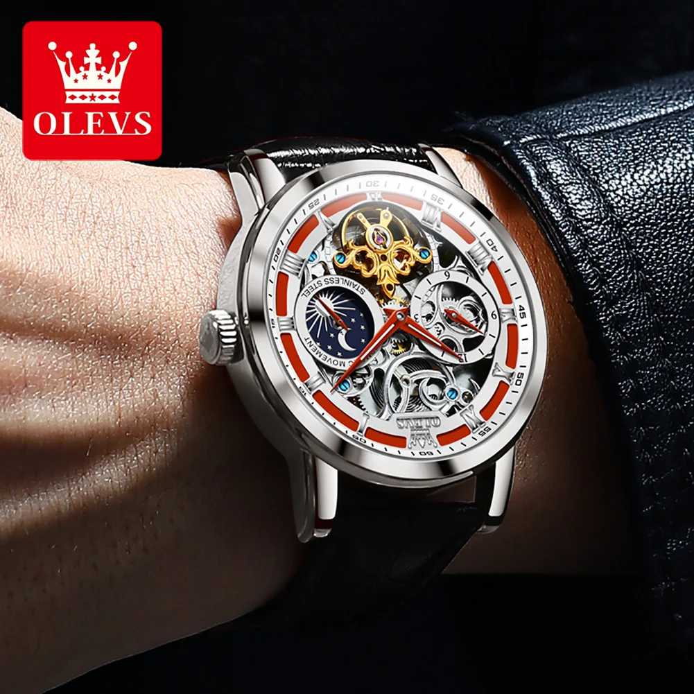 OLEVS 6670 Newest Men Watch 2022 Luxury Leather Automatic Mechanical Tourbillon Skeleton Watch