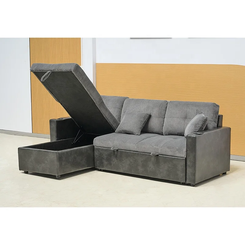 Corduroy Fabric And Synthetic Leather  Upholstered Sofa Bed Living Room Sofa Bed With Cupholders Foldable Sofa Couch Furniture