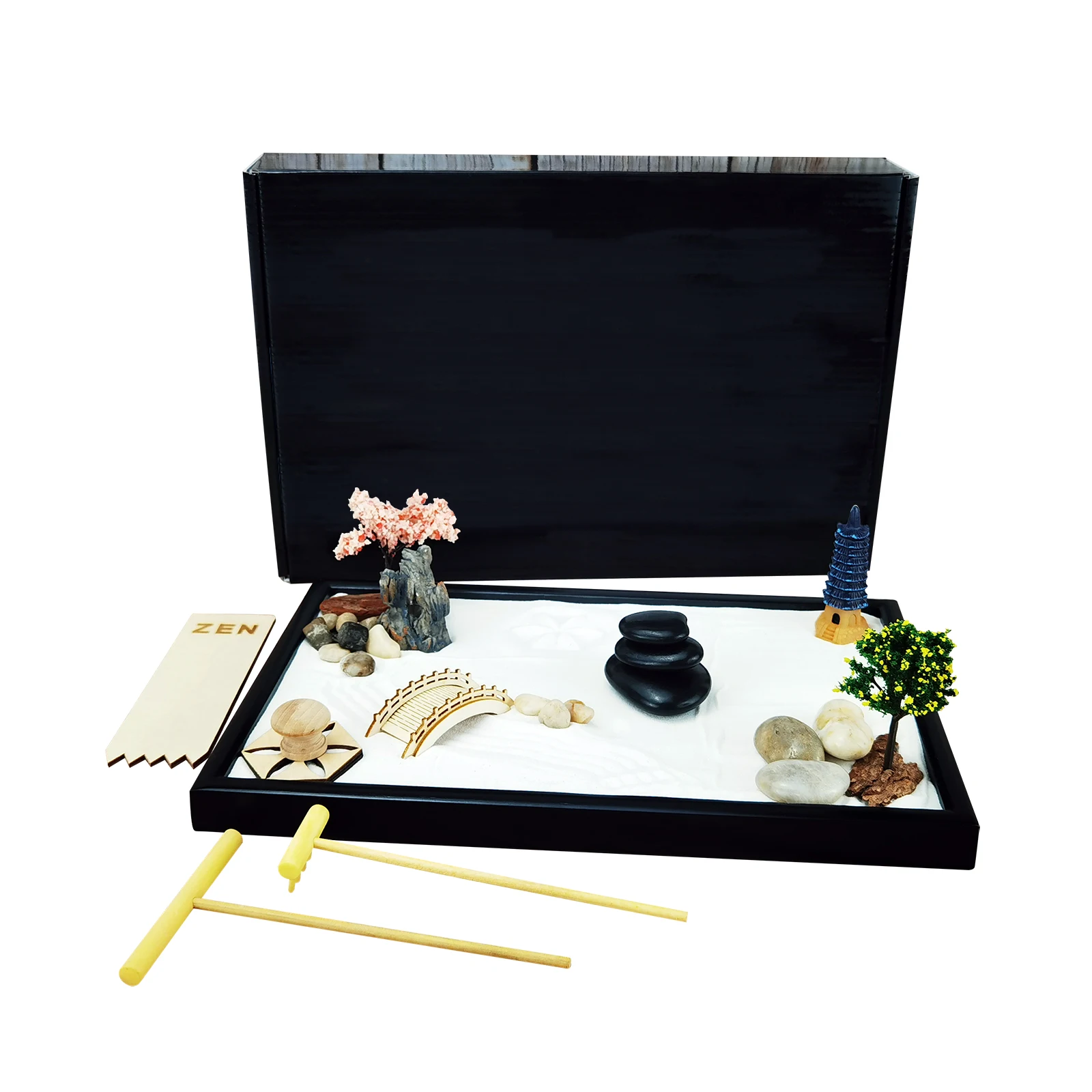 Miniature home office decor Japanese zen garden stone lotus rake cherry tree mini zen garden customized