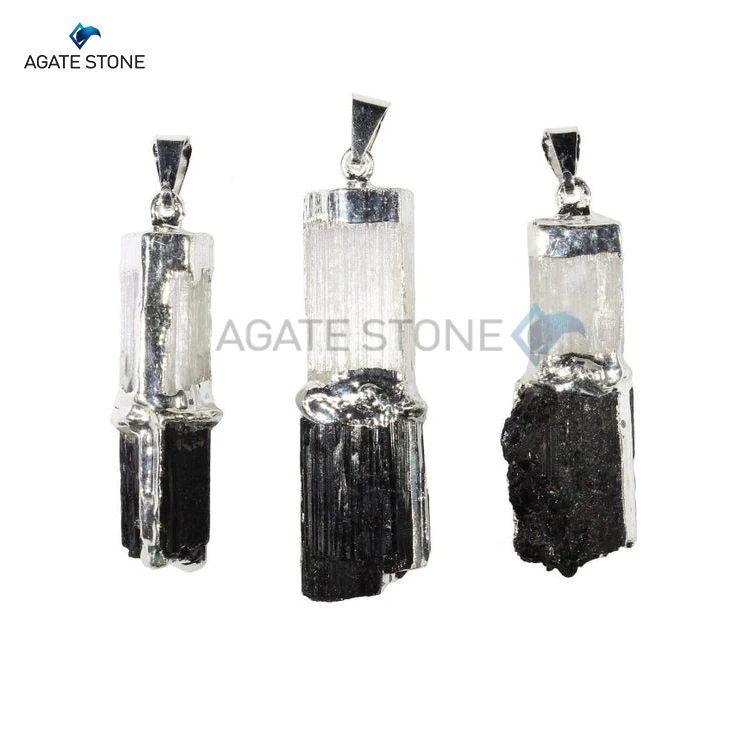 Selenite Plated Natural Crystal Black Tourmaline Stone Point Pendant at Good Price