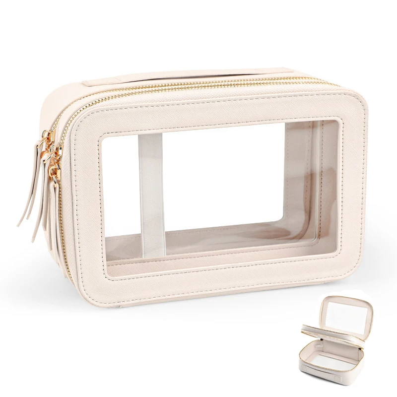 Double Sided Makeup Cosmetic Bag Organizer Carry on Travel Accessories Essentials Storage Case with Clear Windows