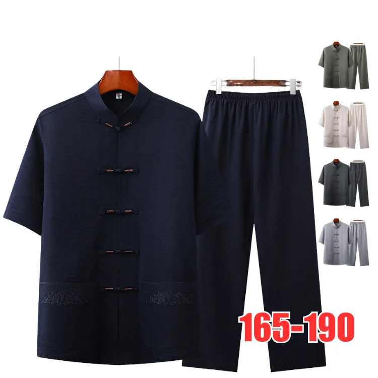 Ecowalson Men Hand Button Tang Suit Shirt Pants Cotton And Linen Vintage Mandarin Collar Tai Chi Kong Fu Clothing Long Sleeve