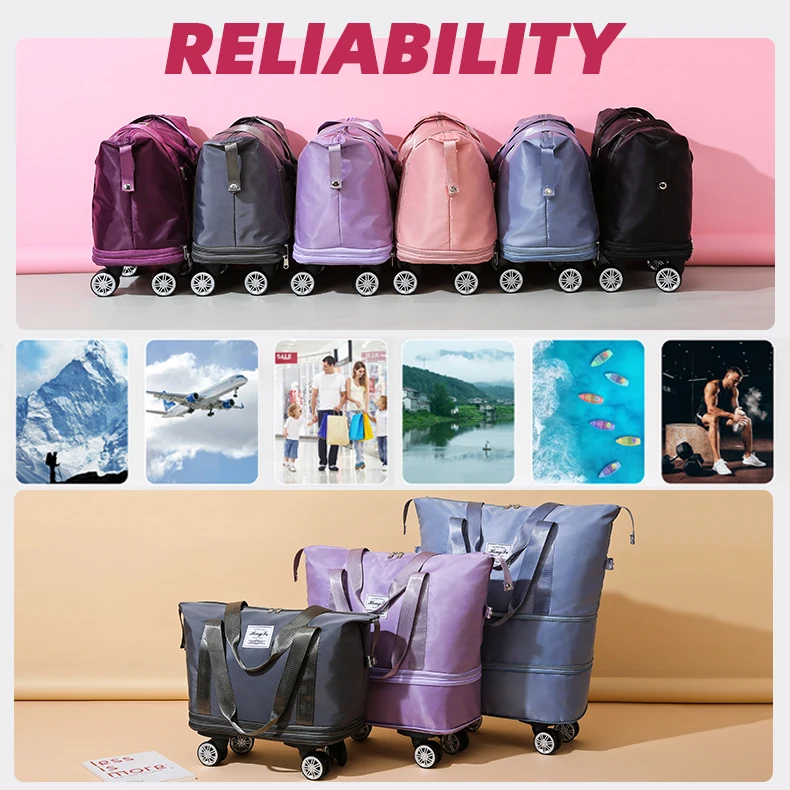 Large Capacity Wet Dry Separation Multi Layer Expandable Luggage Shoulder Duffel Folding Travel Bag Universal Wheel Removable