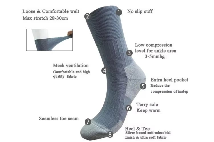 Seamless non-binding silver fiber antibacterial diabetic and circulatory crew diabetic health socks with silver diabetic