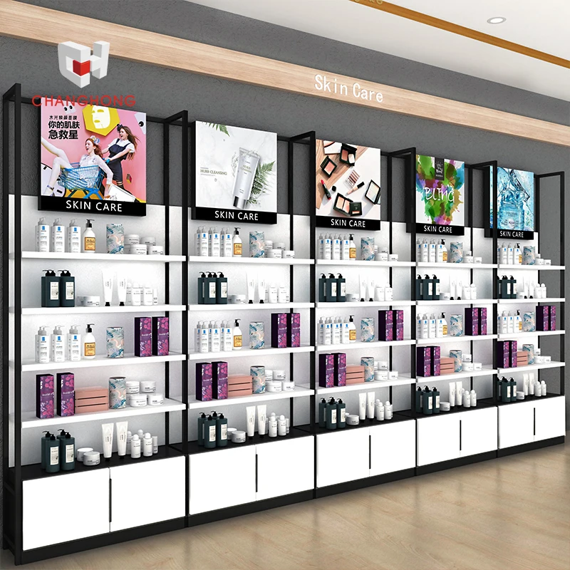 Hot sale simple multi-tier cosmetic skin care shop display rack with cabinet for beauty salon store