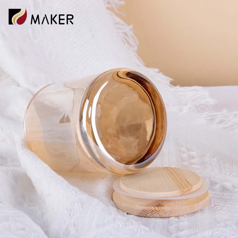 Iridescent Wholesale Holographic Glass Holder Empty Luxury Custom Candles Jars With Wooden Lids For Candle Making
