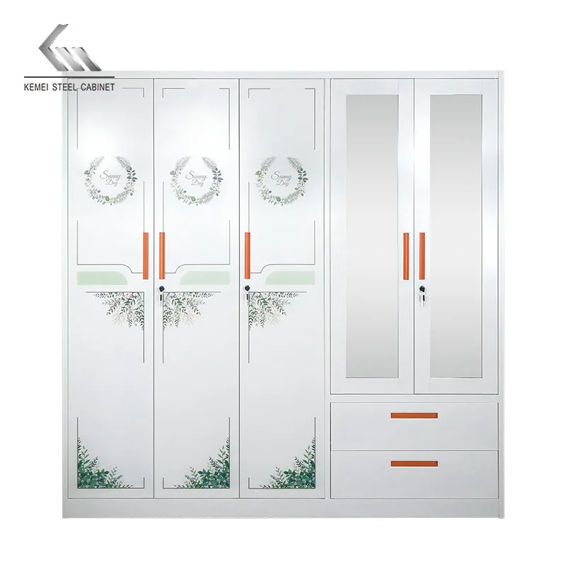 Steel Metal Wardrobe Iron Sheet Wardrobe Hot Selling Item with 5 Unidirectional Flat Doors and 2 Drawers with Mirrors