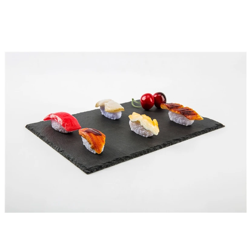 Natural Edge 30*20cm Black Wedding Decoration Rectangle Black Stone Cheese Board Plate With Eva Feet