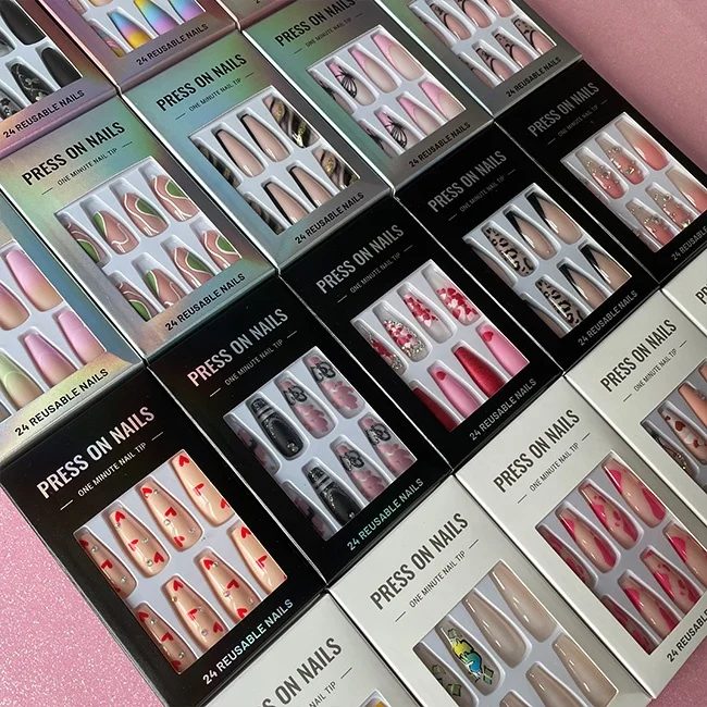 Naixi Free Samples Hot designNails Press on Long Ballerina Acrylic Nails Diamond Luxury Medium Coffin French 24pcs/Box Blind Box