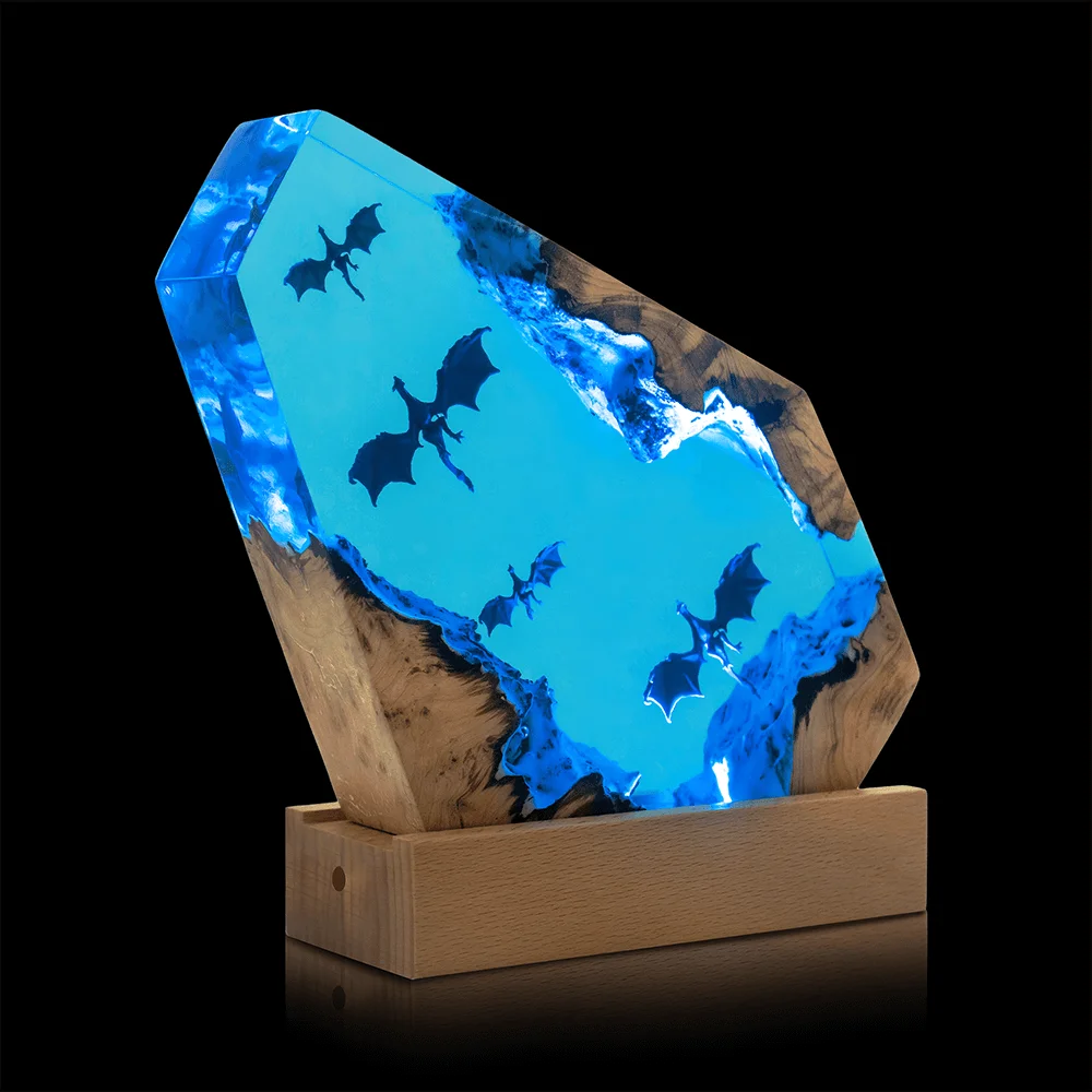 Dayi new Creative Design custom Epoxy Resin Wood Lamp LED Gift Night Light Dragon flight Home Decoration Table Lamp for sale
