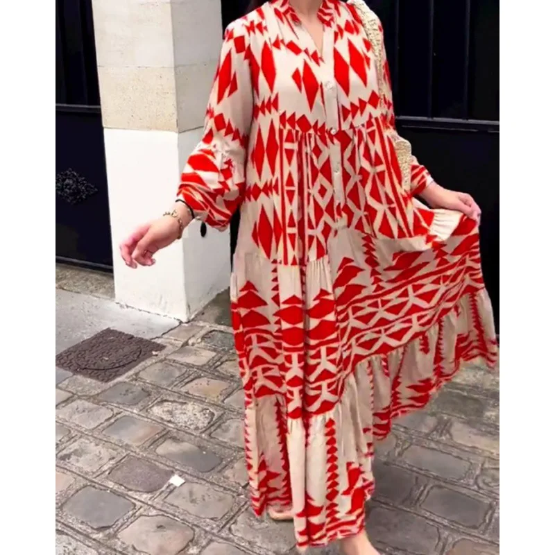 Best selling woman clothes  large size loose ladies evening dresses new pullover printed bohemian casual clothing