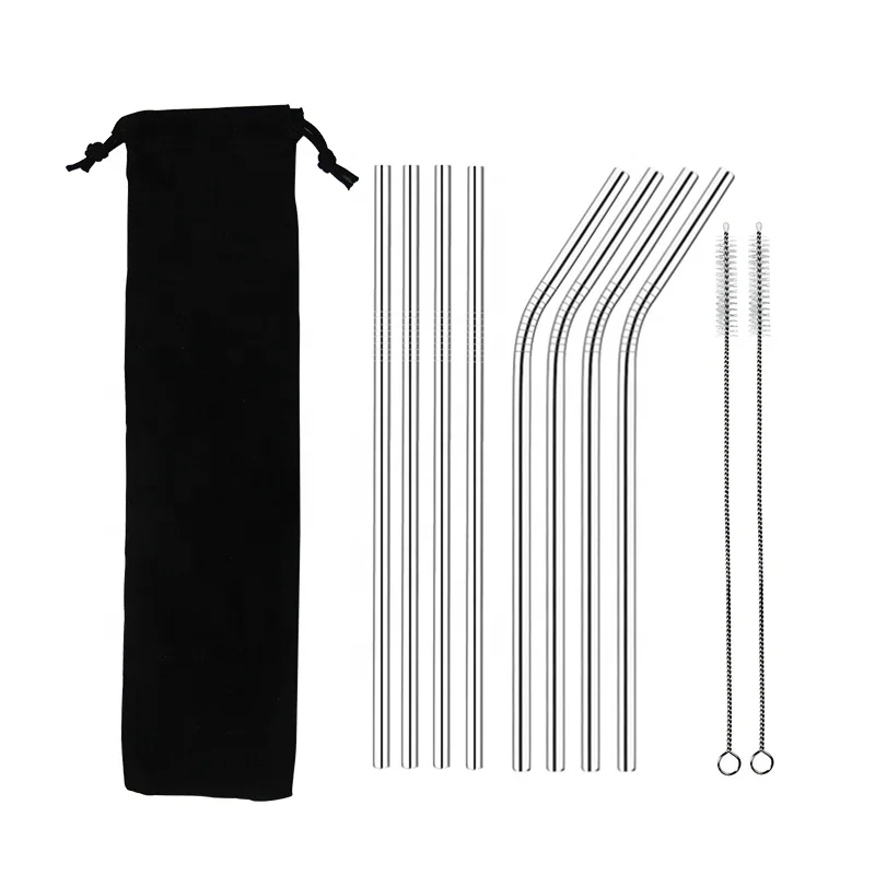 Wholesale Customized 304 Stainless Steel Straws Reusable Food Grade Metal Drinking Straw Sets with Bags Eco Friendly & BPA Free (62481492718)