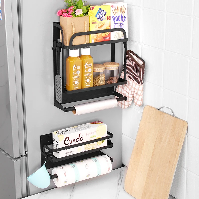 Modern high quality magnetic refrigerator metal spice rack with paper towel rack hook kitchen magnet refrigerator rack