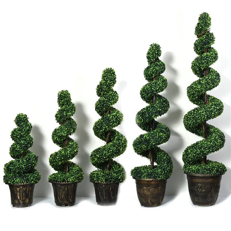 Wholesale Faux Green Plastic Grass Bonsai Artificial Boxwood Spiral Topiary Trees