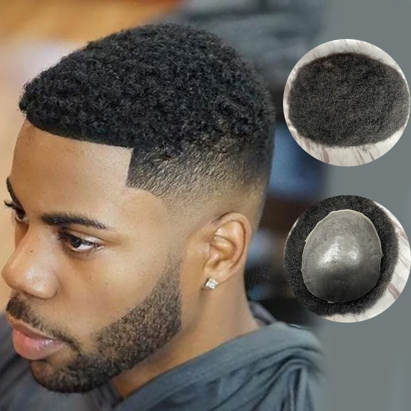 4mm 6mm 8mm 10mm Hair Piece Short Afro Kinky Curly Invisible Knots Natural Hairline Black Color Thin Skin PU Base Toupee for Men