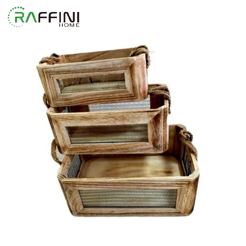 
Fruit Basket Halloween Toys Box Vintage Storage Organization Home Factory Customised Wire Splicing Wooden Basket With Handle 