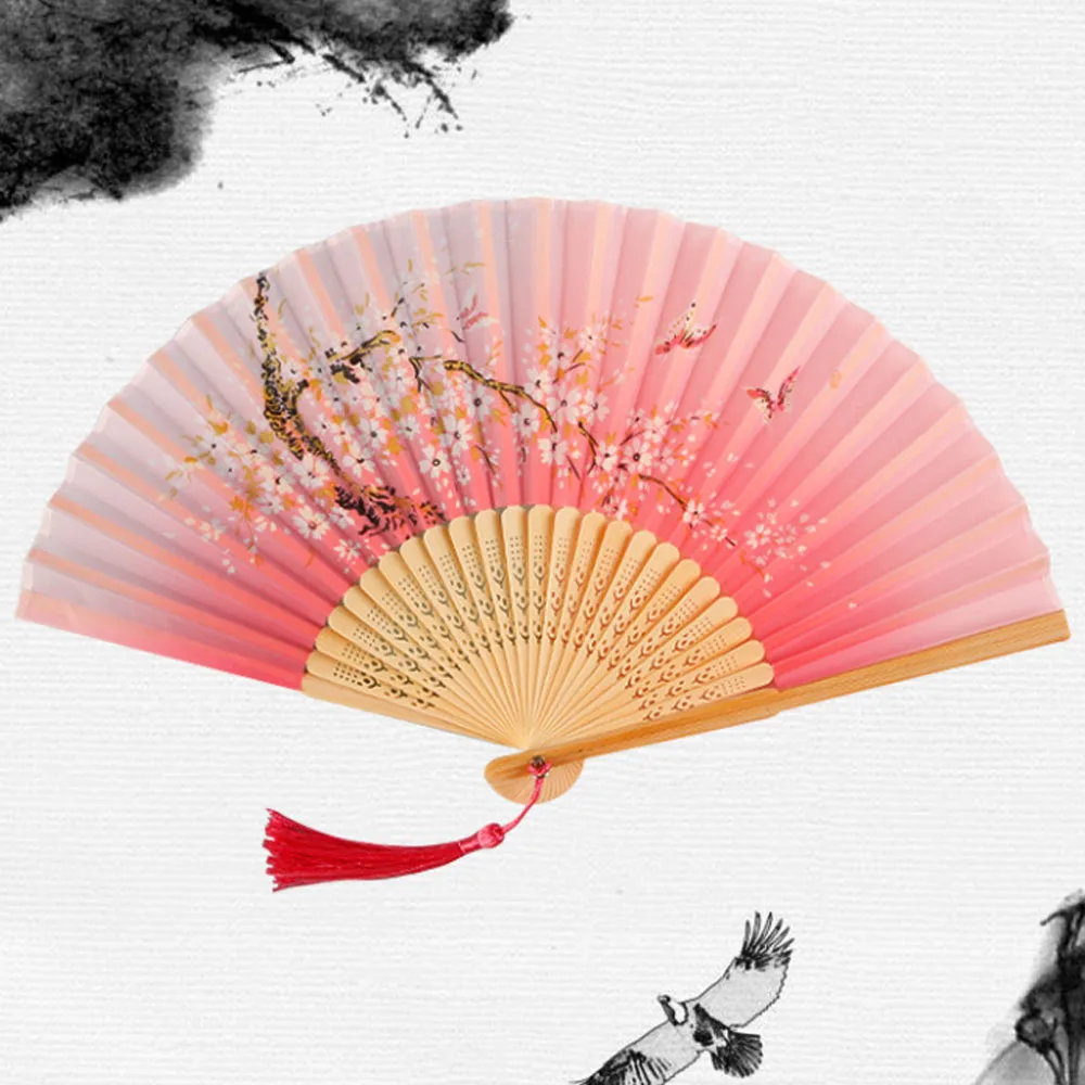 Bamboo Ribs Fabric Portable Folding Oriental Hand Fans with Tassel for Dance Performance Decoration Wedding Party Favor