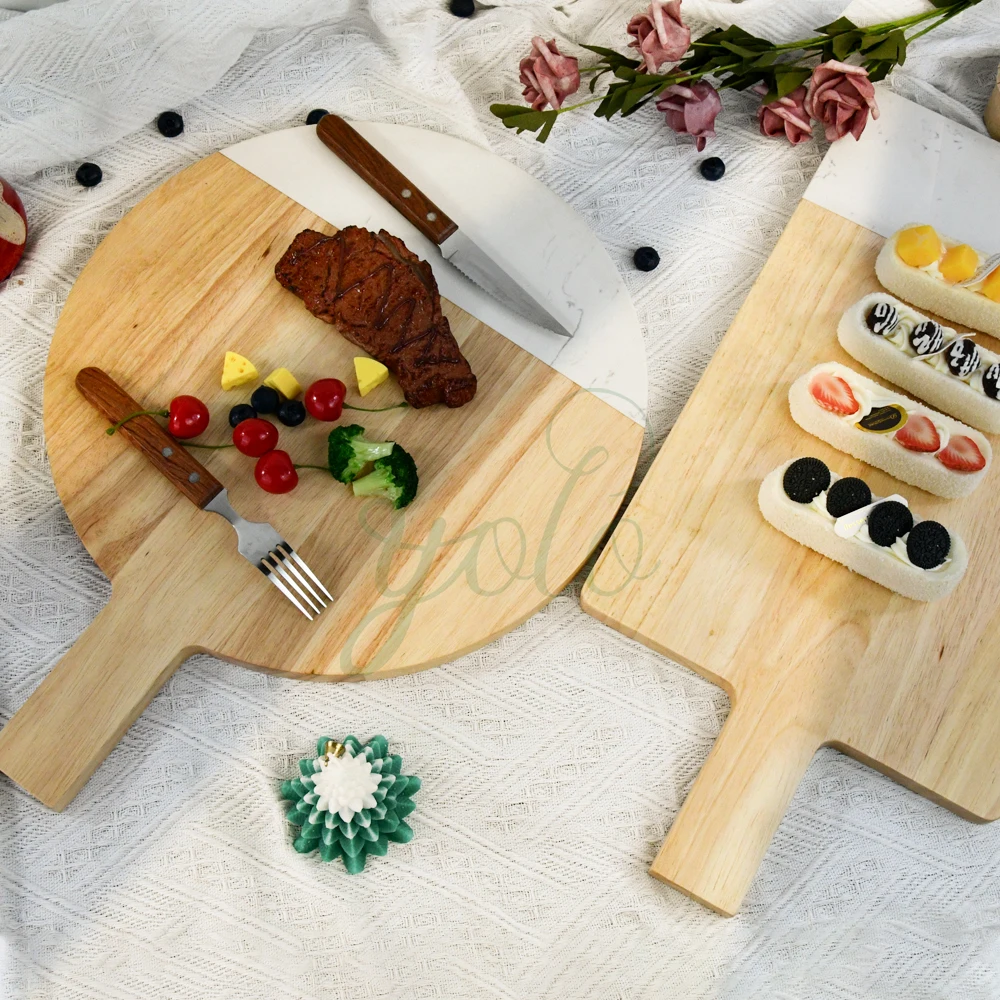 New Arrival Premium Durable Bamboo Wooden Marble Chopping Board Cutting Board with Handle for Cheese Steak Kitchen