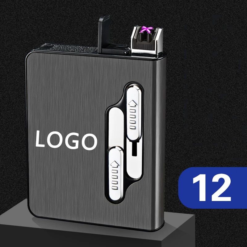 
Custom logo Cigarette Lighter Accommodating 12 Pcs Cigarette Built-in Double arc Lighter cigarette Case Smoking Accessories 