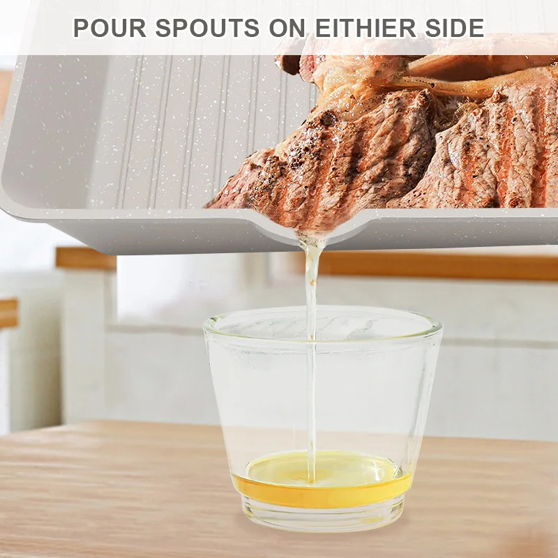 PFOA Free Non Toxic Non-stick Granite Grilling Pan Aluminum Square Grill Skillet 9.5 Inch Nonstick Grill Pan with Pour Spouts