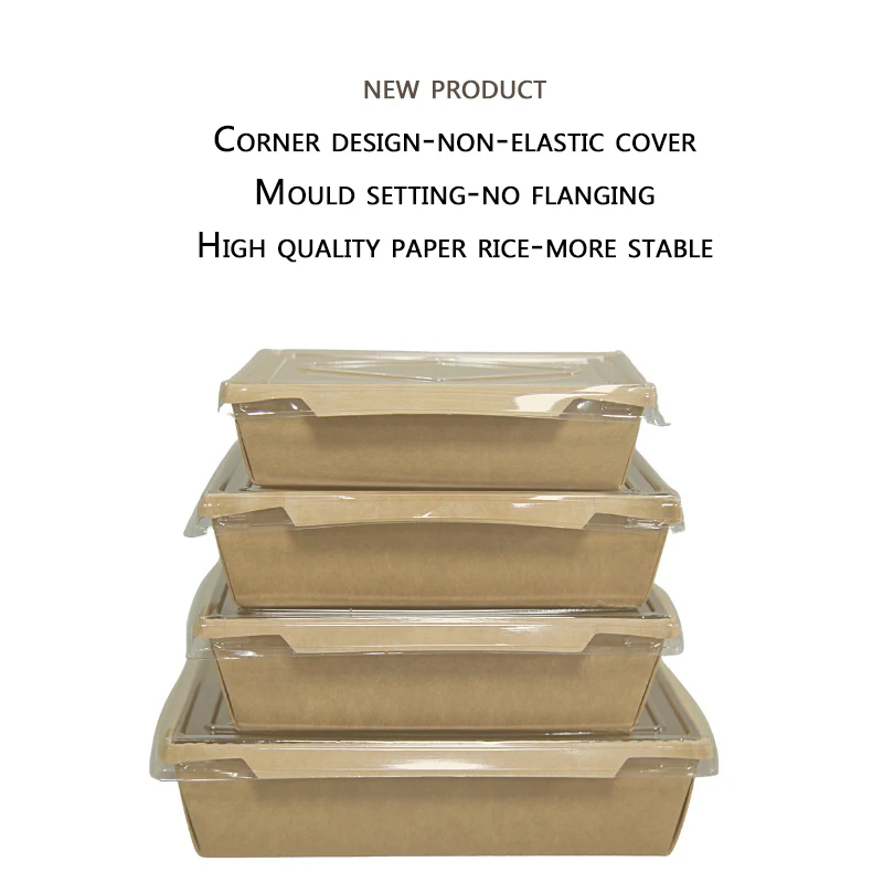 Disposable kraft paper square rectangular box takeaway lunch snack box green salad packaging bowl with cover.