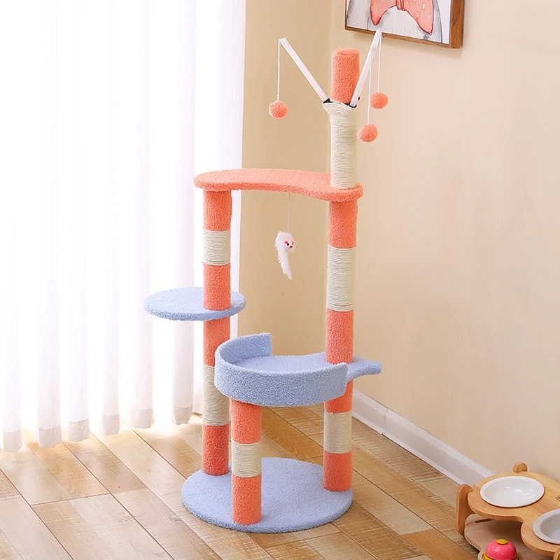 2023 simple rattan popular big large cat tree wooden scratcher cat furniture tower for indoor cats tree with small ball