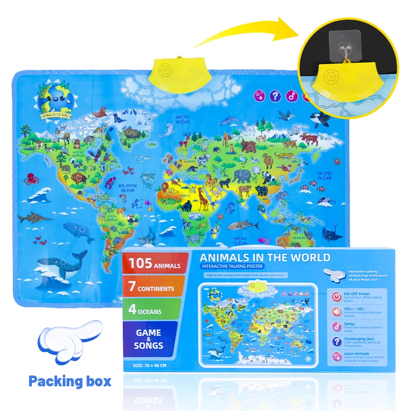 Interactive World Map Educational Talking Map Poster for Boys and Girls Animals Wall Chart Educational Learning Toy