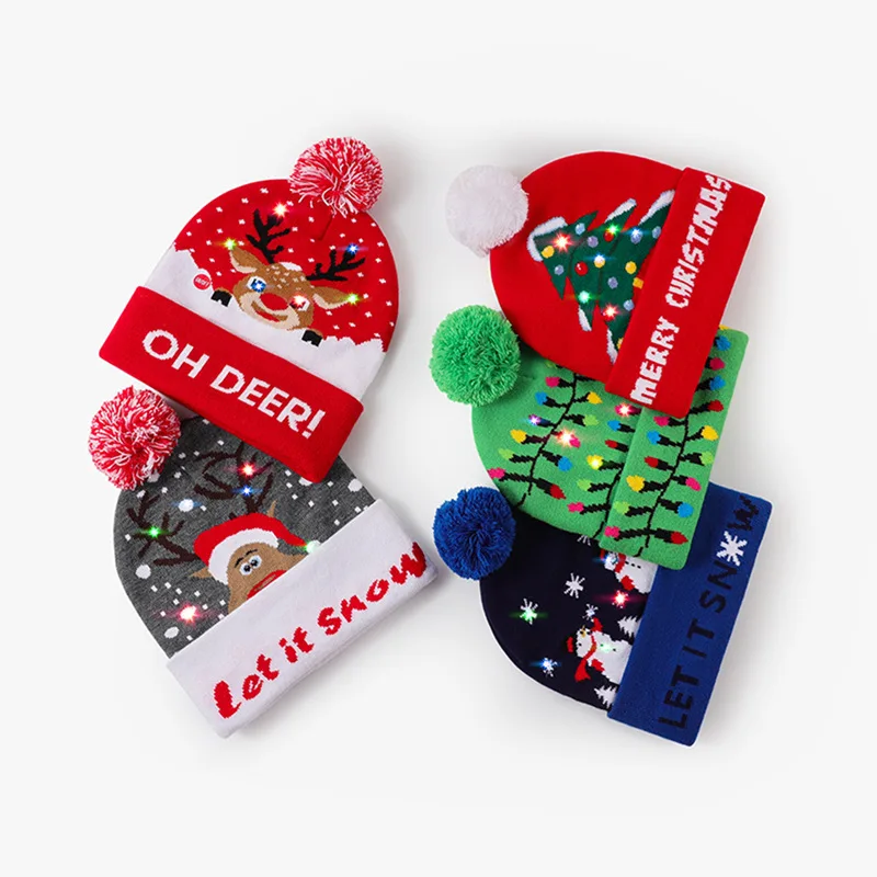 Manufacturers wholesale knitted hats led lights glow across Europe and America wool hats Elk snowman Christmas hats