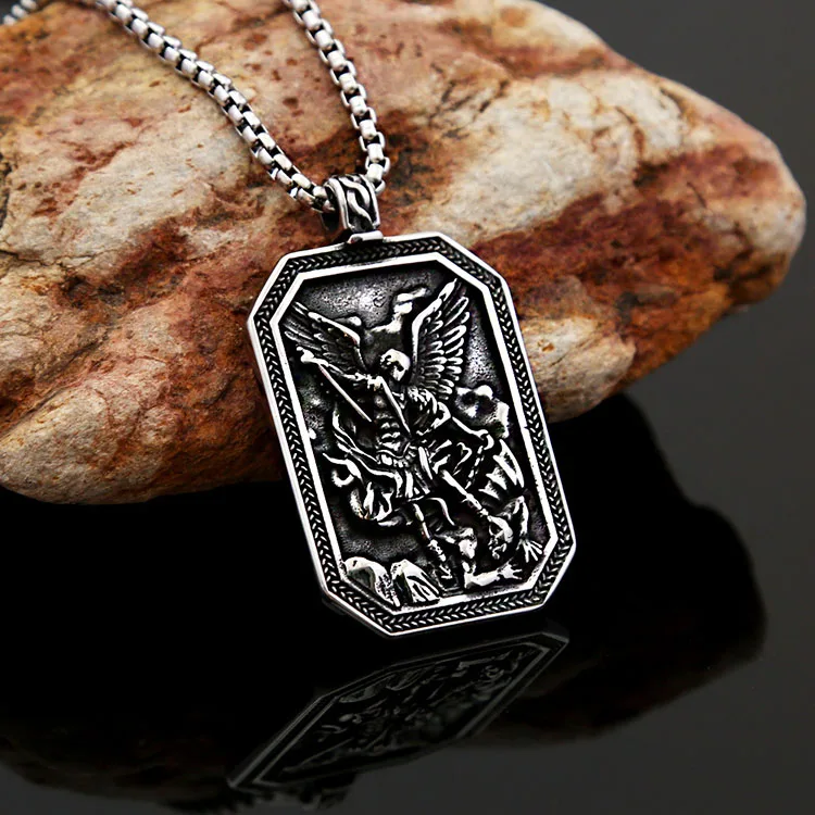 Custom Wholesale Stainless Steel Saint Michael Archangel Religious Symbol Necklace Men Amulet Pendant Vintage Jewelry