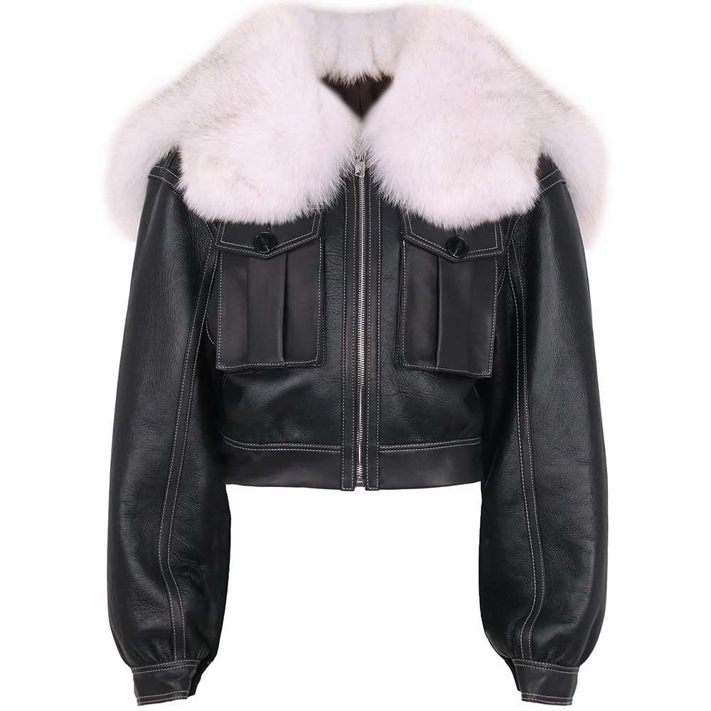 2023 Winter Warm Natural Fox Fur Collar Shearling Fur Jacket Women Black Genuine Leather Cropped Jacket Ladies