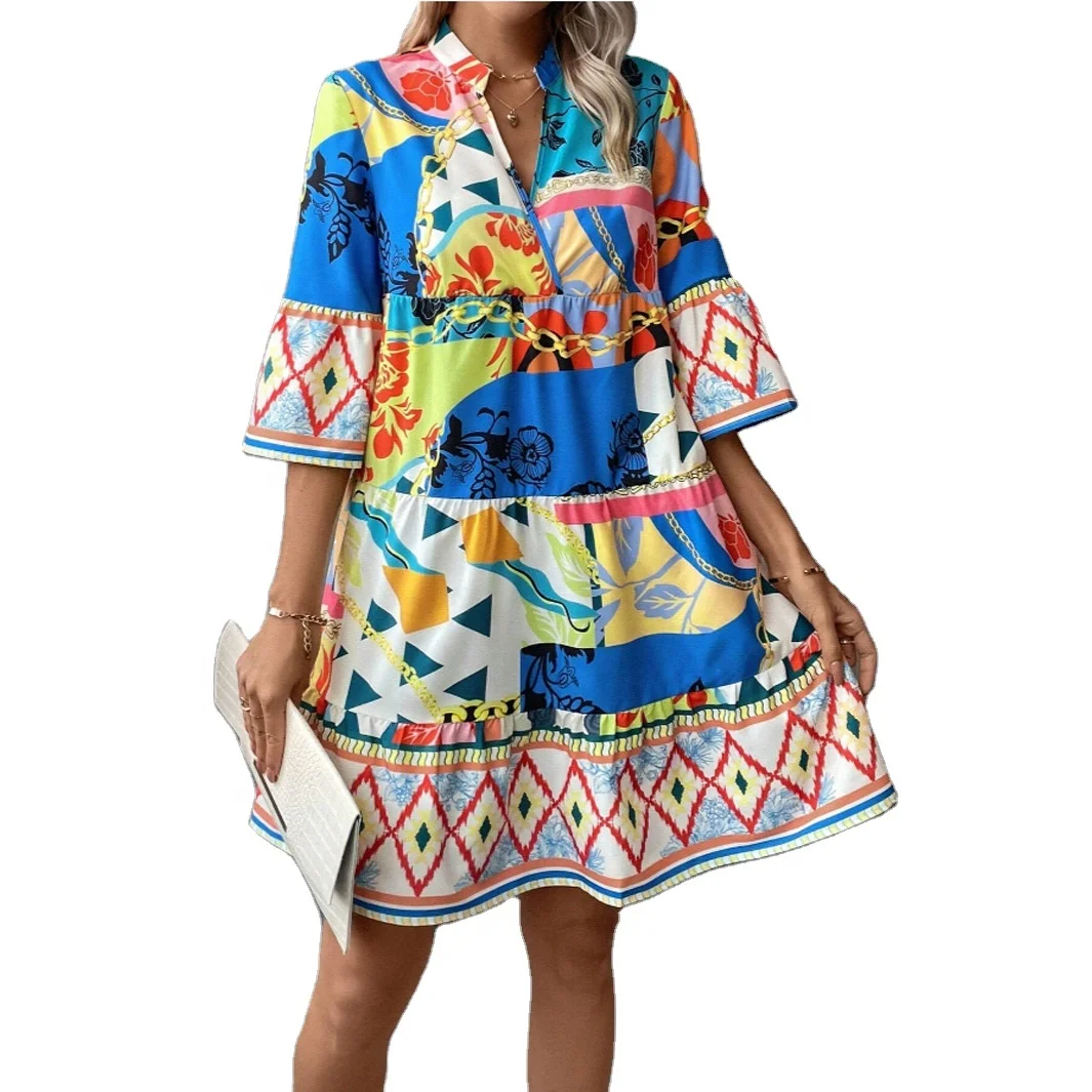Ruffled sleeves and ruffled hem geometric printing dress