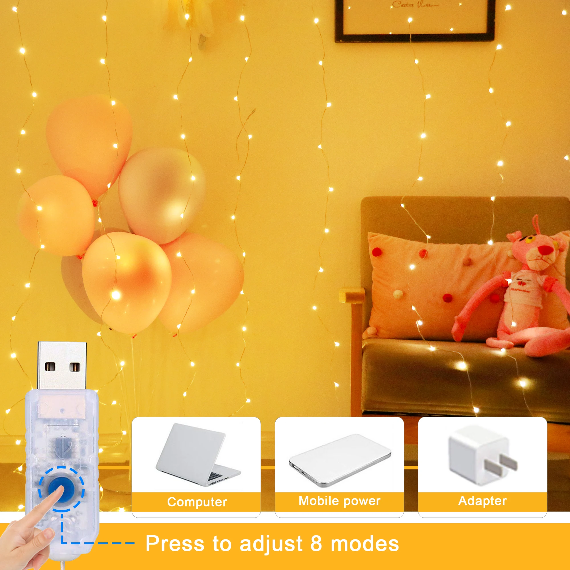 Yiliang Decoration 8 Lighting Modes Fairy Lights 300 LED Remote Control Window Curtain Lights for Bedroom Party Wedding