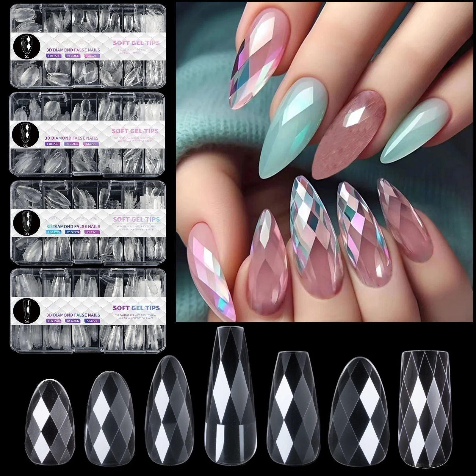 Diamond Crystal Glass Armor Press On Nail Wholesale Luxury 3D False Fake Nails Artificial Fingernails For Nail Art Salon