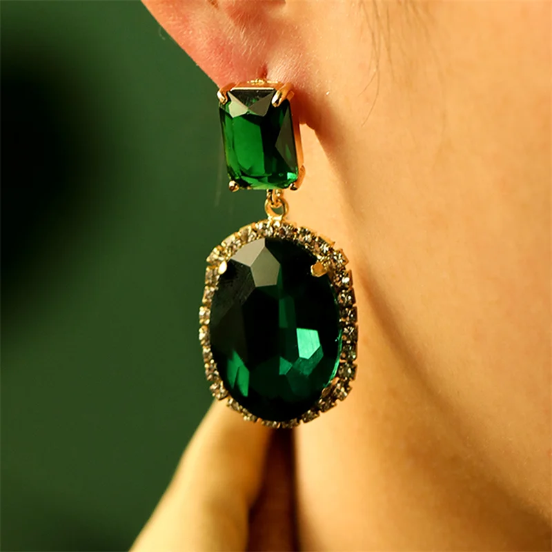 Vintage Circle Zircon Big Emerald Pendant Earrings Green Crystal Jewelry Dangle Earrings For Women