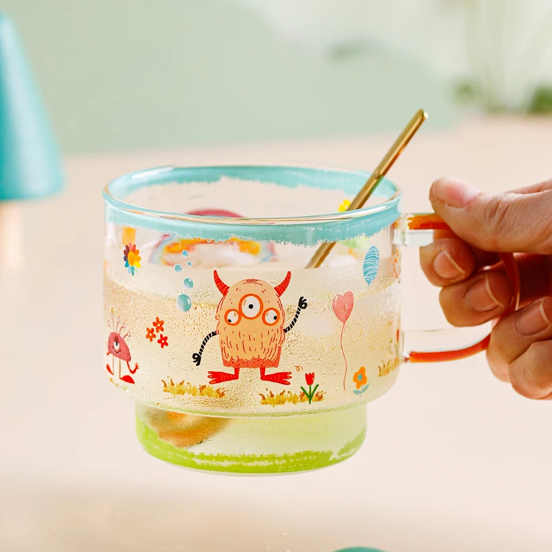 Ceramic Milk Drinking Cup Heat Resistant Borosilicate Glass Breakfast Coffee Mug With Spoon