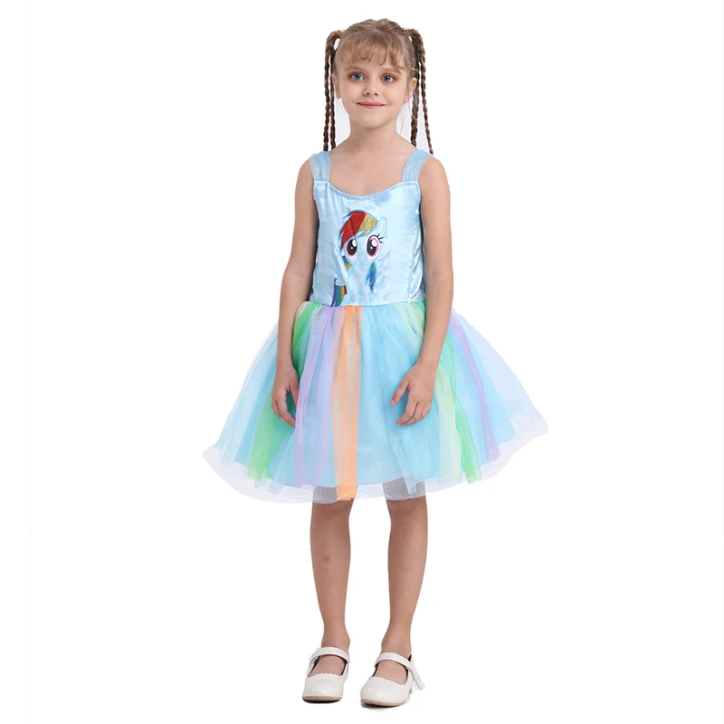 Customized Halloween  Clothes Costume Beautiful Rainbow Color Unicorn blue dresses Cosplay Girls