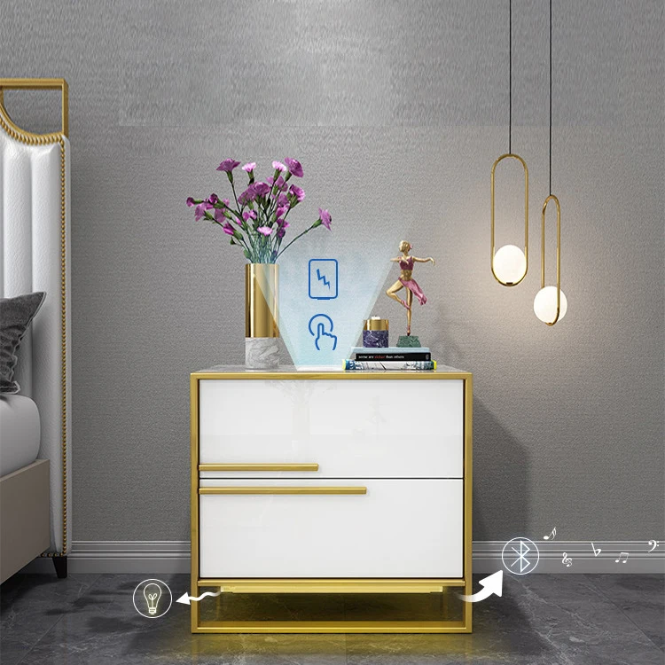 Modern luxury white wooden smart nightstand organizer bedside table wireless charging with sensor led light mesilla de noche