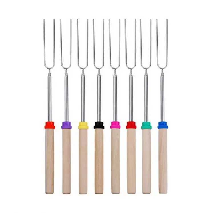 SPZ 2021 New Design Product Stretch Stainless Steel Barbecue Fork 8 Color Wood Handle Marshmallow Roasting BBQ Sticks