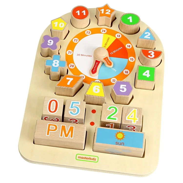 Hot Sale Wooden Multifunctional Toy Shape Cognition Game Time and Weather Learning Clock for Children