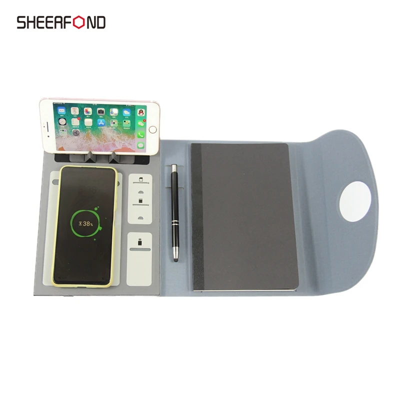 Eco-friendly promotional business gift  wireless charging notebook waterproof pu leather power bank notebook