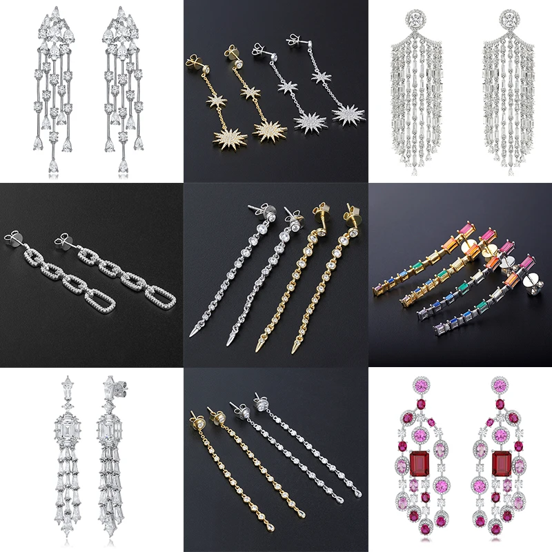 custom 925 silver zircon drop earrings diamond baguette cz large luxury color cubic zirconia silver earring for women jewelry