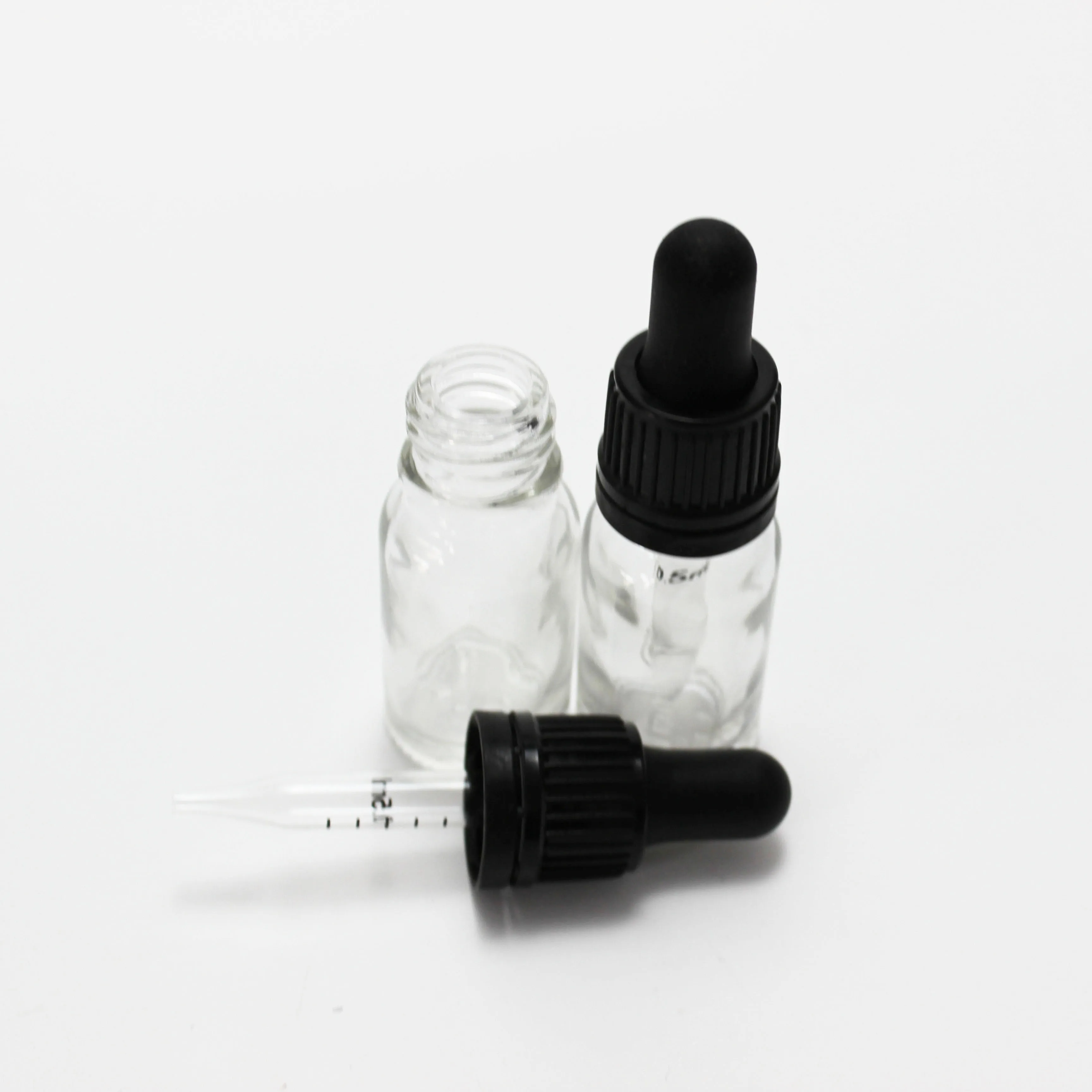 High quality 10ml clear esential oil bottle with 18/415 neck size black plastic tamper evident dropper cap