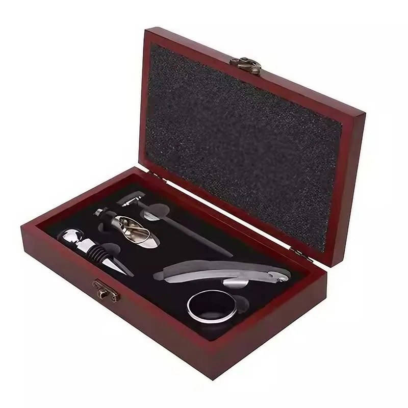 Оптовая продажа, набор аксессуаров из 5 штук, деревянная бамбуковая бутылка вина, штопор, подарочная открывалка для вина, набор