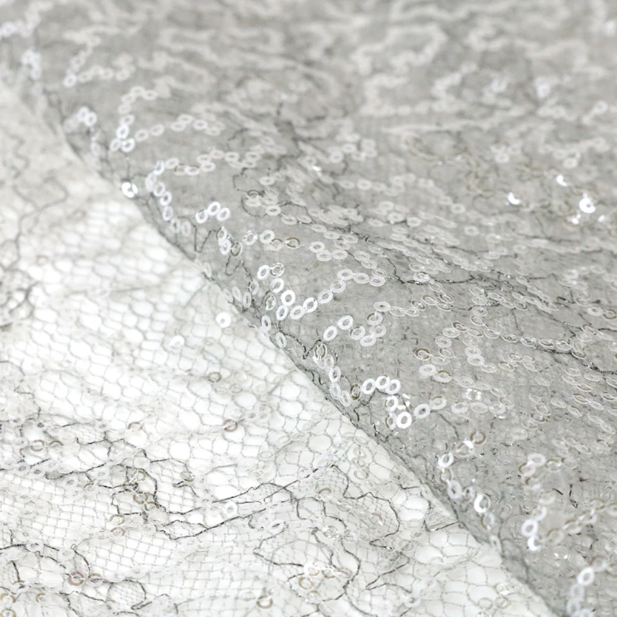 Modern Silver 2mm Transparent Sequin Embroidery Metallic Lace Tulle Fabric Wedding Dresses for Women