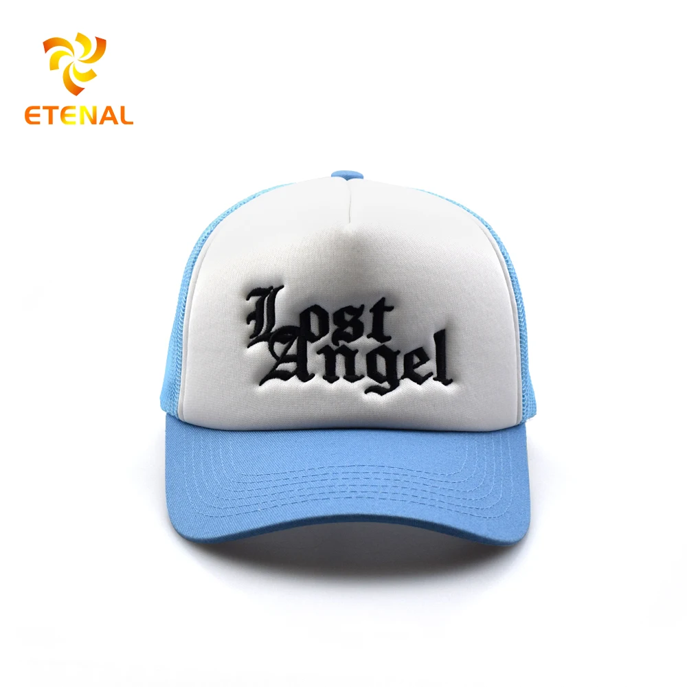 OEM ODM Hat Factory Wholesale Custom Embroidered Logo Mesh Cap Blue White Two Tones Foam Trucker Hats