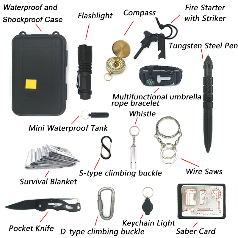 Custom Adventure Emergency SOS Gear 14 in 1 Survival Kit Camping