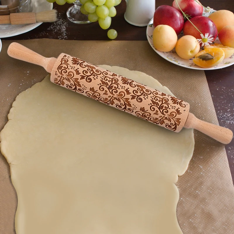 New Product Ideas Patterned Embossing Beech Wood Cookies Rolling Pin Wooden with Popular Price
