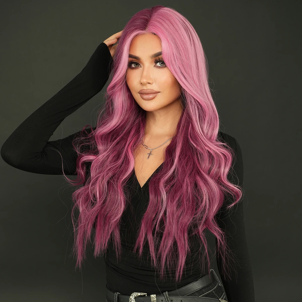 28 Inch Lace Front Purple and Pink Long Wavy Wigs for Women Heat Resistant Synthetic Hair Wig Curly HD Lace Wig Peluca Cosplay
